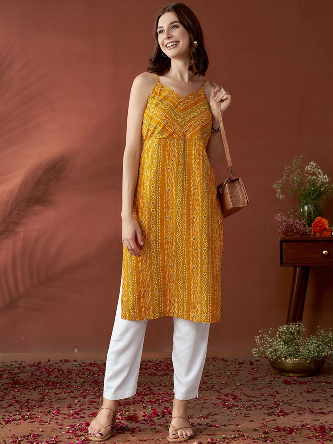Anouk Mustard Yellow Bandhani Printed Shoulder Straps Straight Kurta