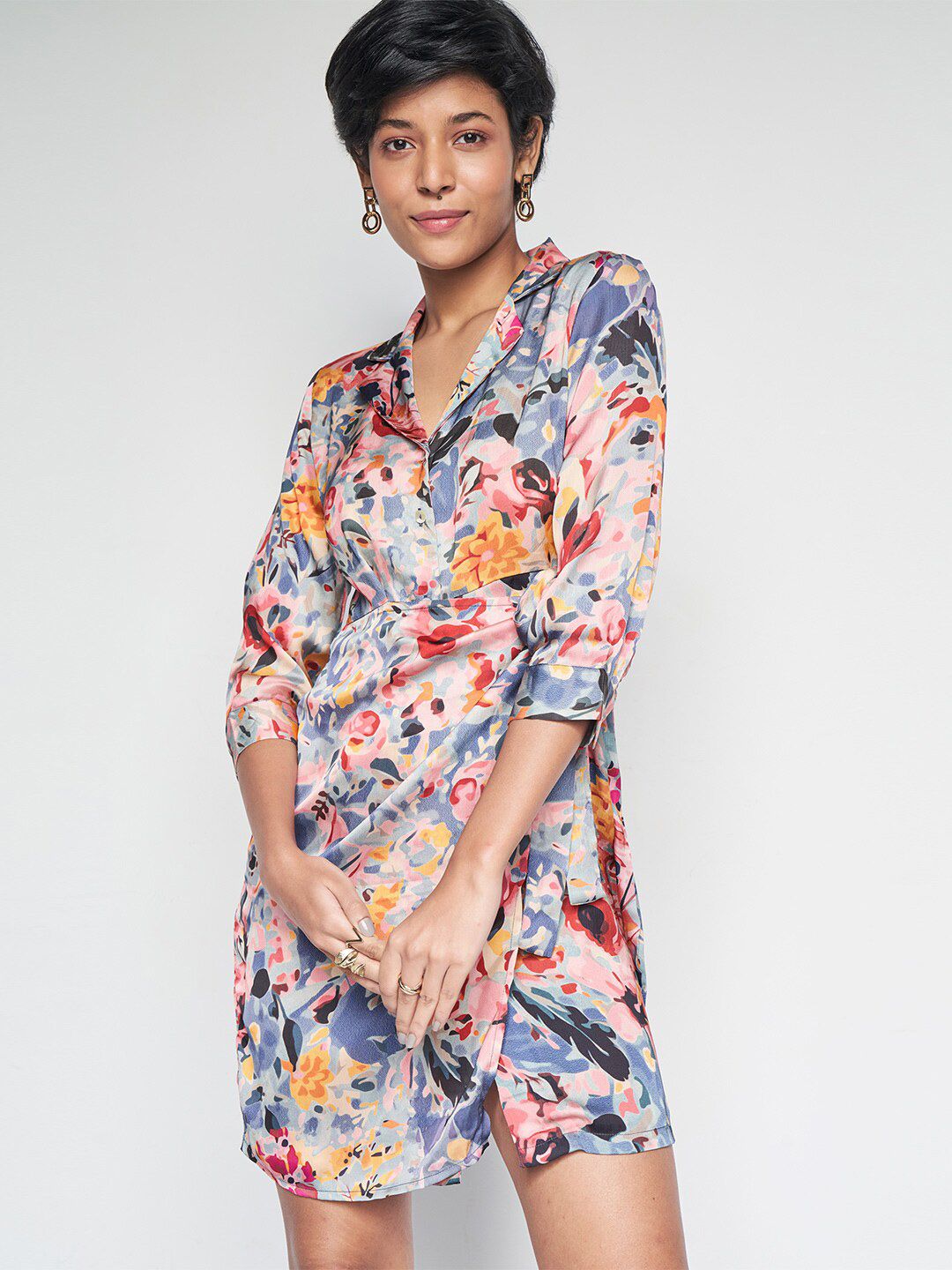 AND Floral Printed Lapel Collar Cuffed Sleeves Tie-Up Detailed A-Line Dress