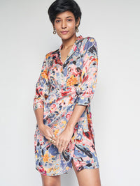 AND Floral Printed Lapel Collar Cuffed Sleeves Tie-Up Detailed A-Line Dress