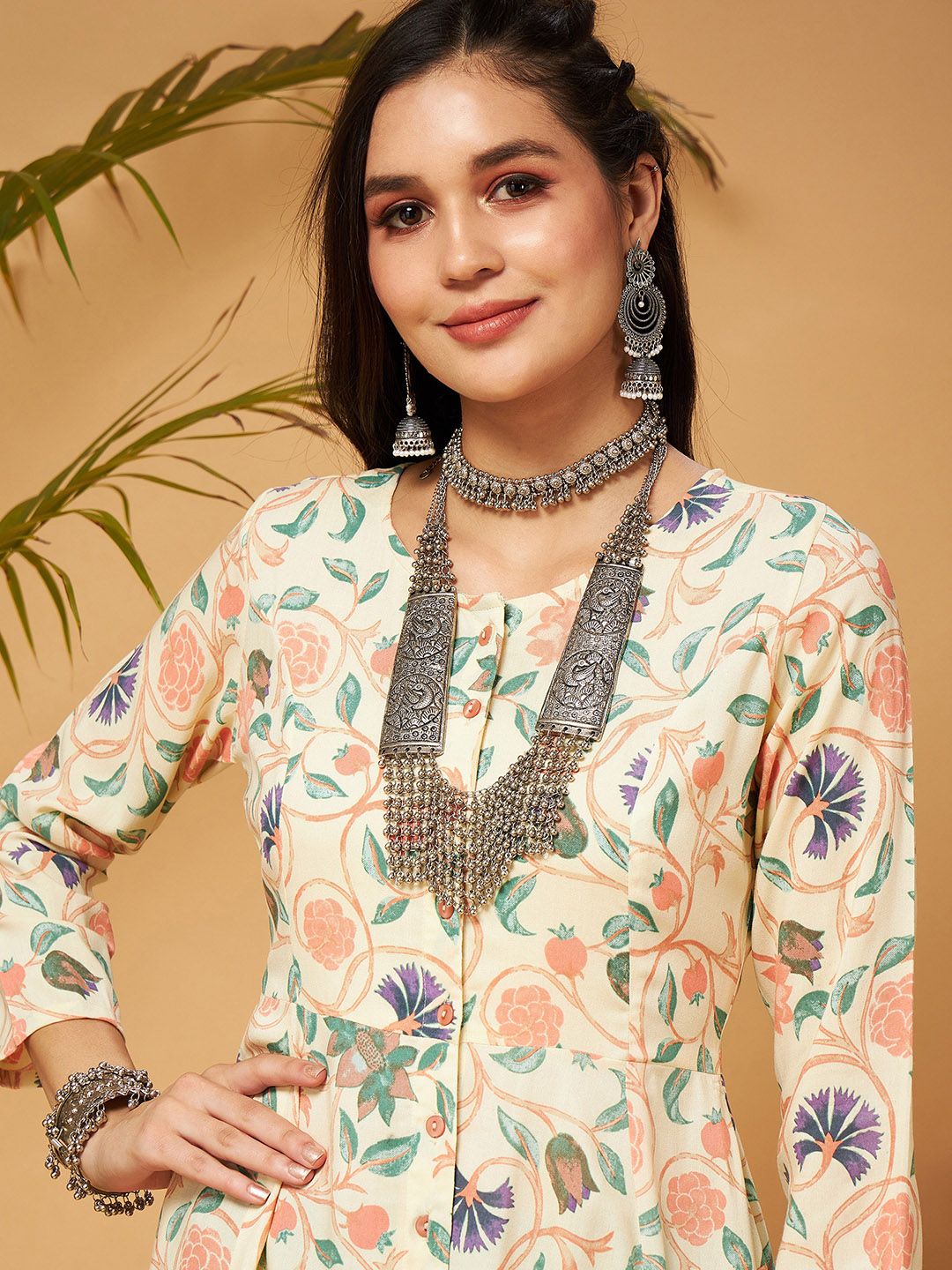 Shae by SASSAFRAS Beige Floral Printed  Front Open Anarkali Kurta