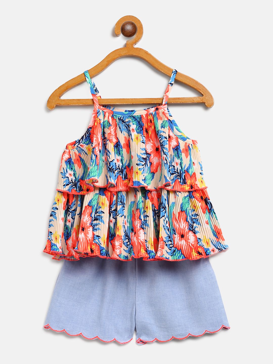 Nauti Nati Girls Blue & Coral Orange Printed Top & Solid Shorts