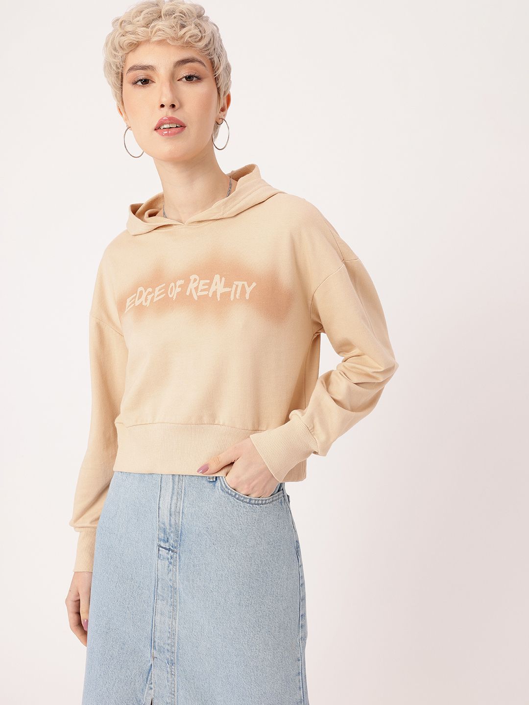 DressBerry Printed Cotton Terry Boxy Fit Hooded Sweatshirt