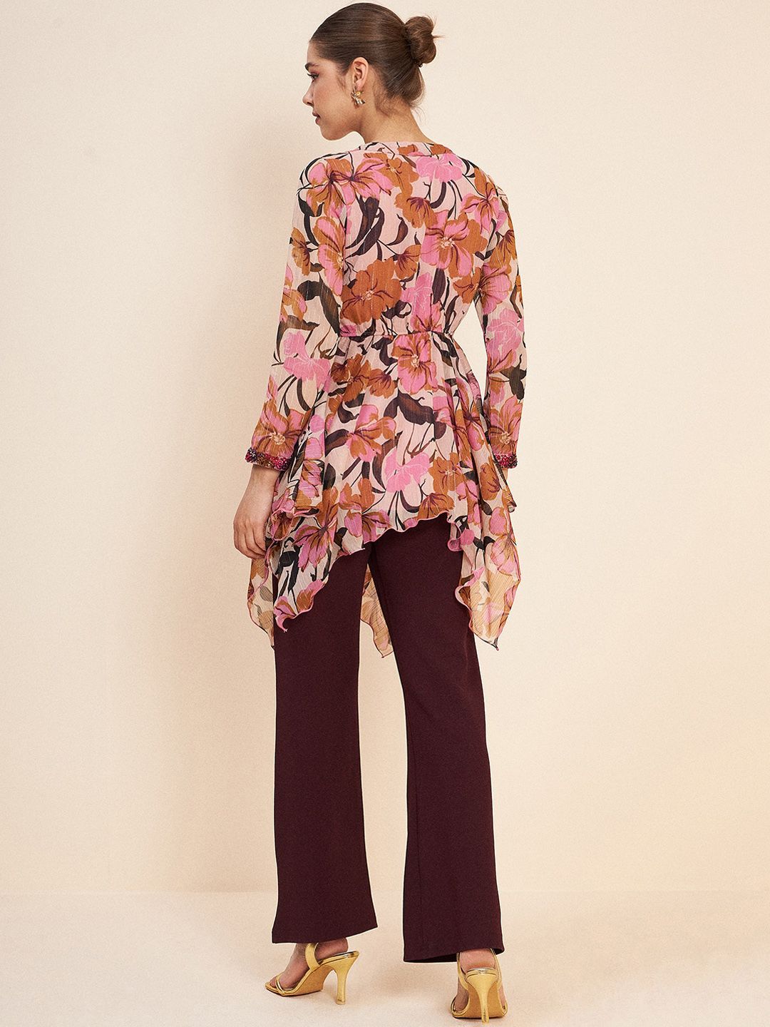 Antheaa Pink & Brown Printed Embellished Top & Trousers