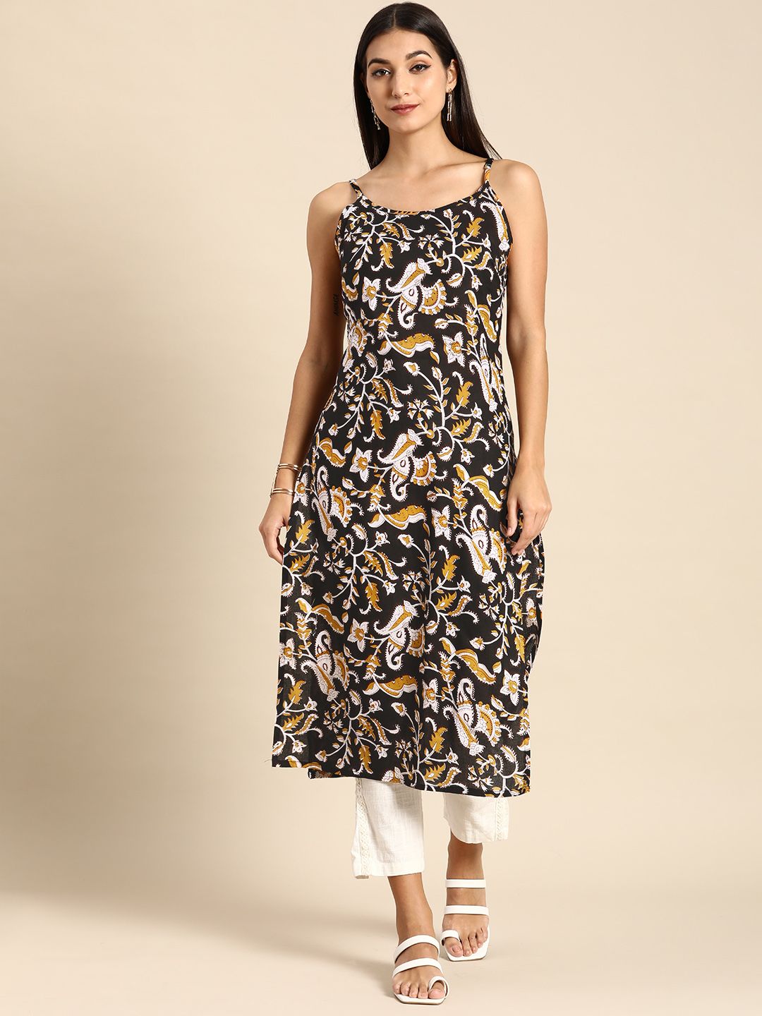 Anouk Women Black & White Ethnic Motifs Printed Pure Cotton Kurta
