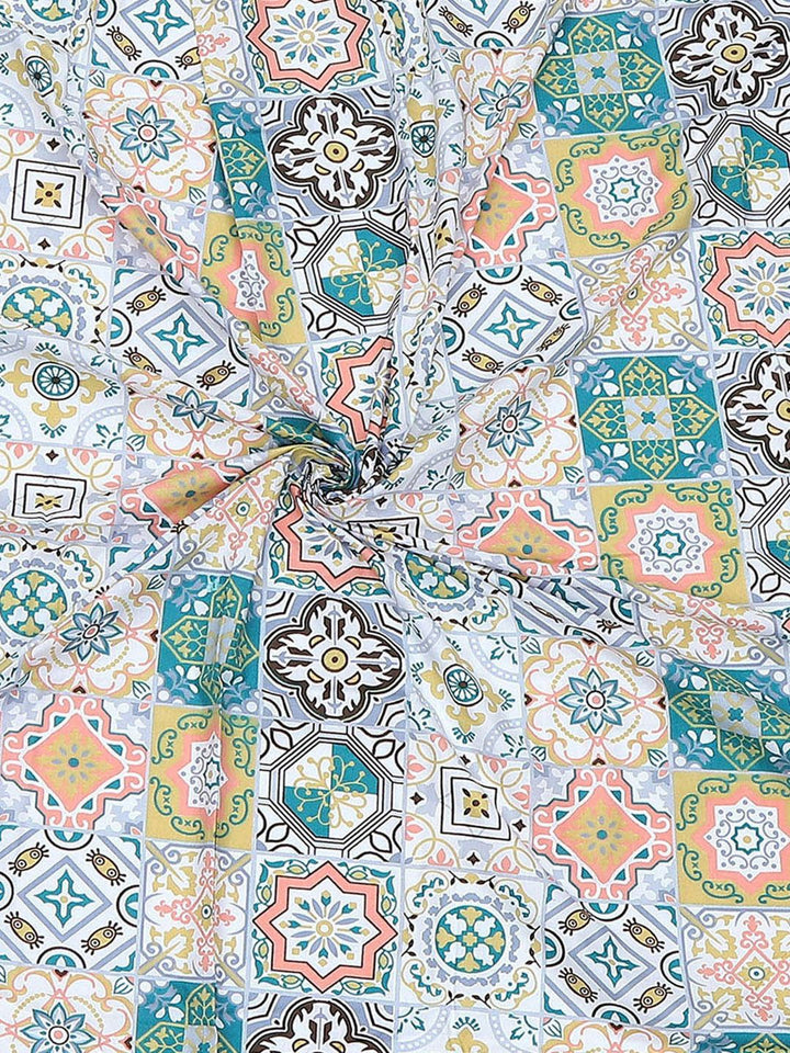 Monte Carlo White & Blue Ethnic Motifs Printed 144 TC Single Bedsheet Set 2.29 m x 1.52 m