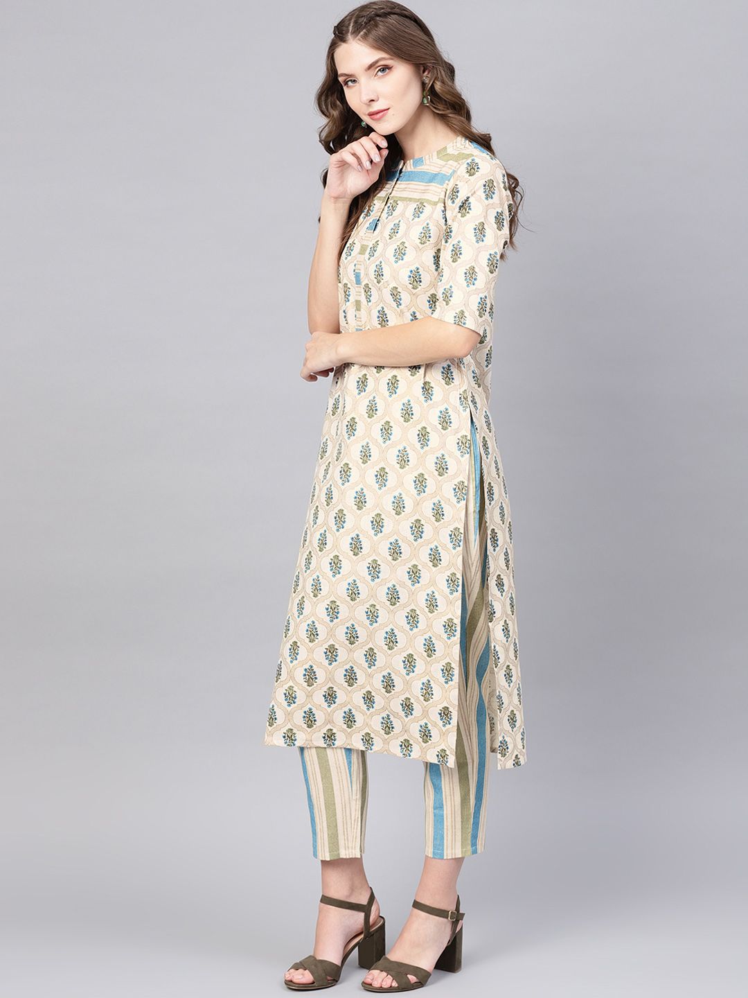 Gerua By Libas Women Off-White Blue Printed Kurta with Trousers