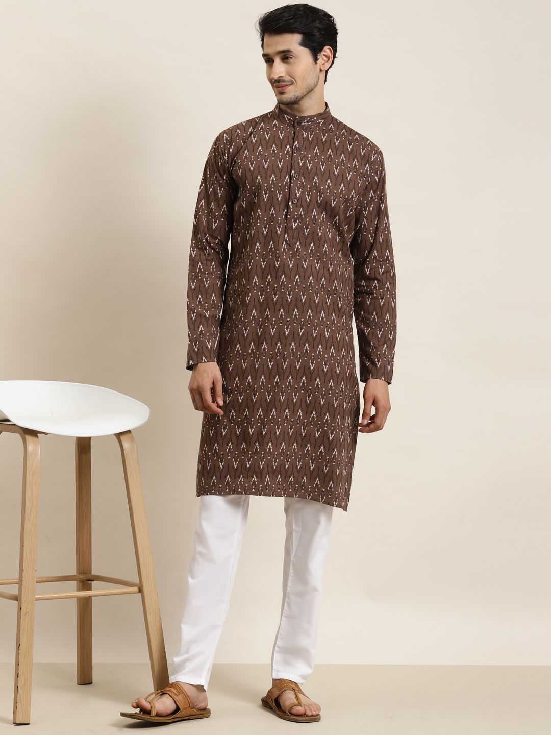 SOJANYA Men Brown & Cream-Coloured Ethnic Motifs Printed Kurta