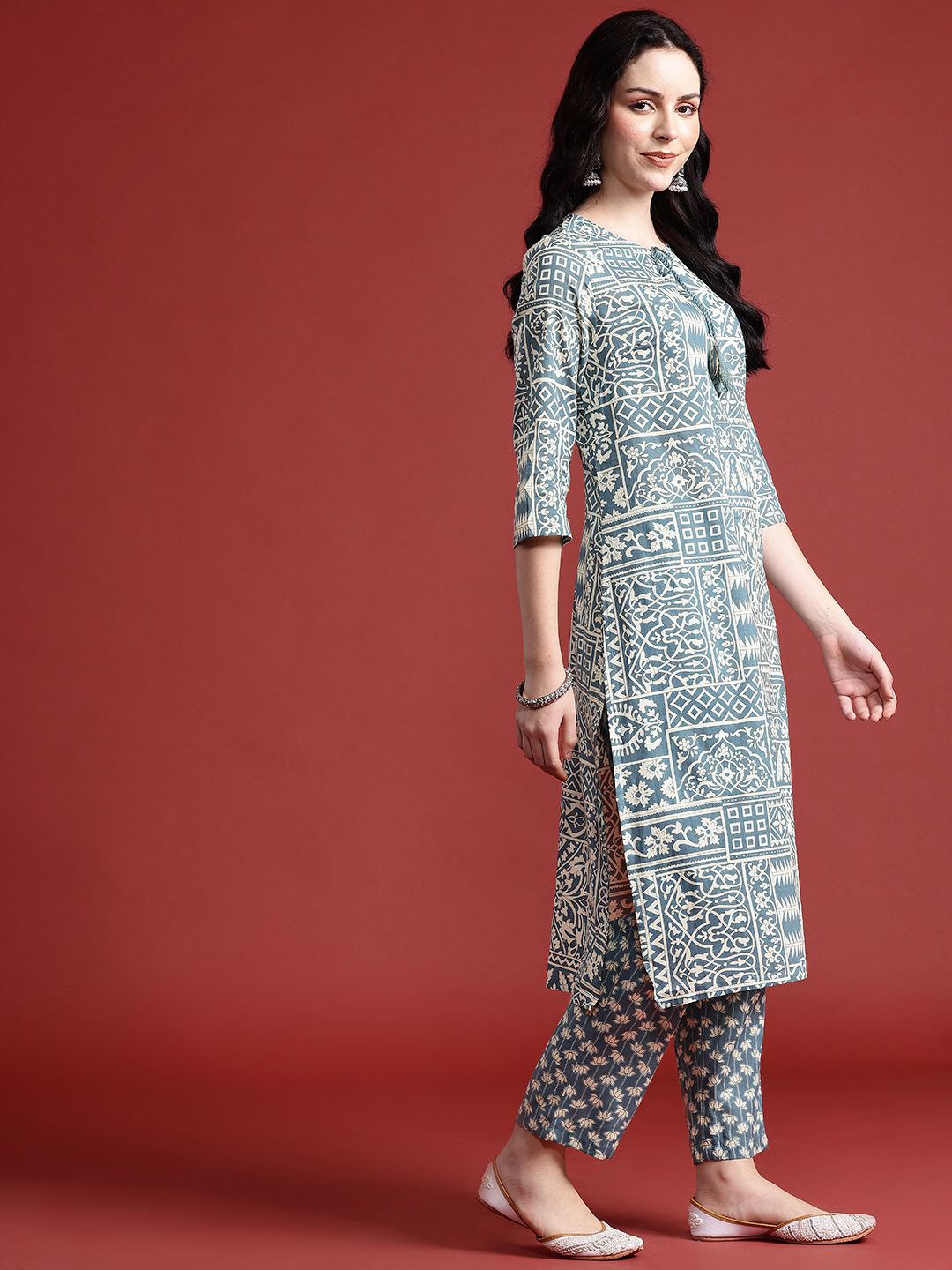 Anouk Ethnic Motif Print Pure Cotton Kurta with Trousers & Dupatta
