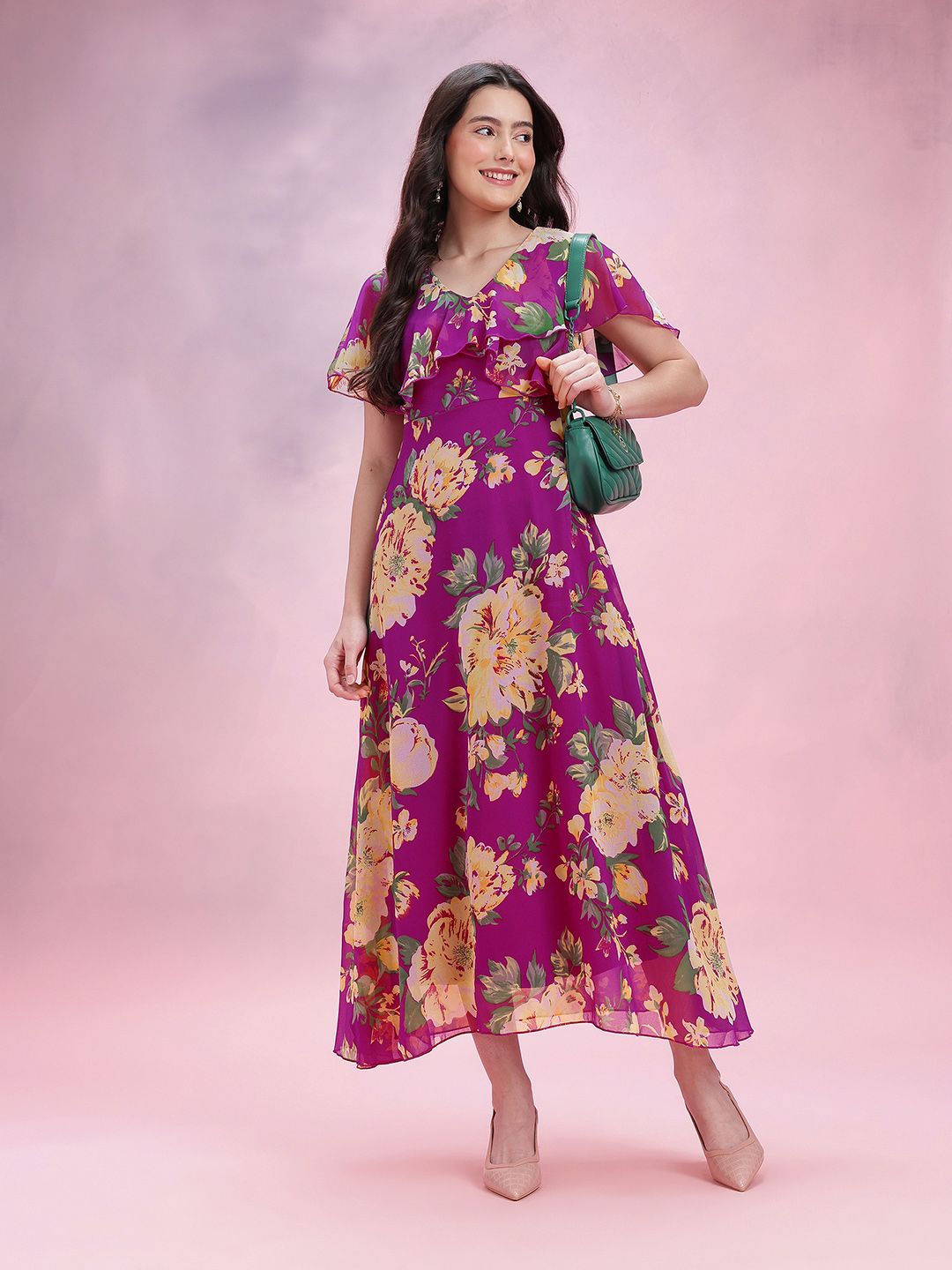 DressBerry Floral Print V-Neck Layered A-Line Midi Dress