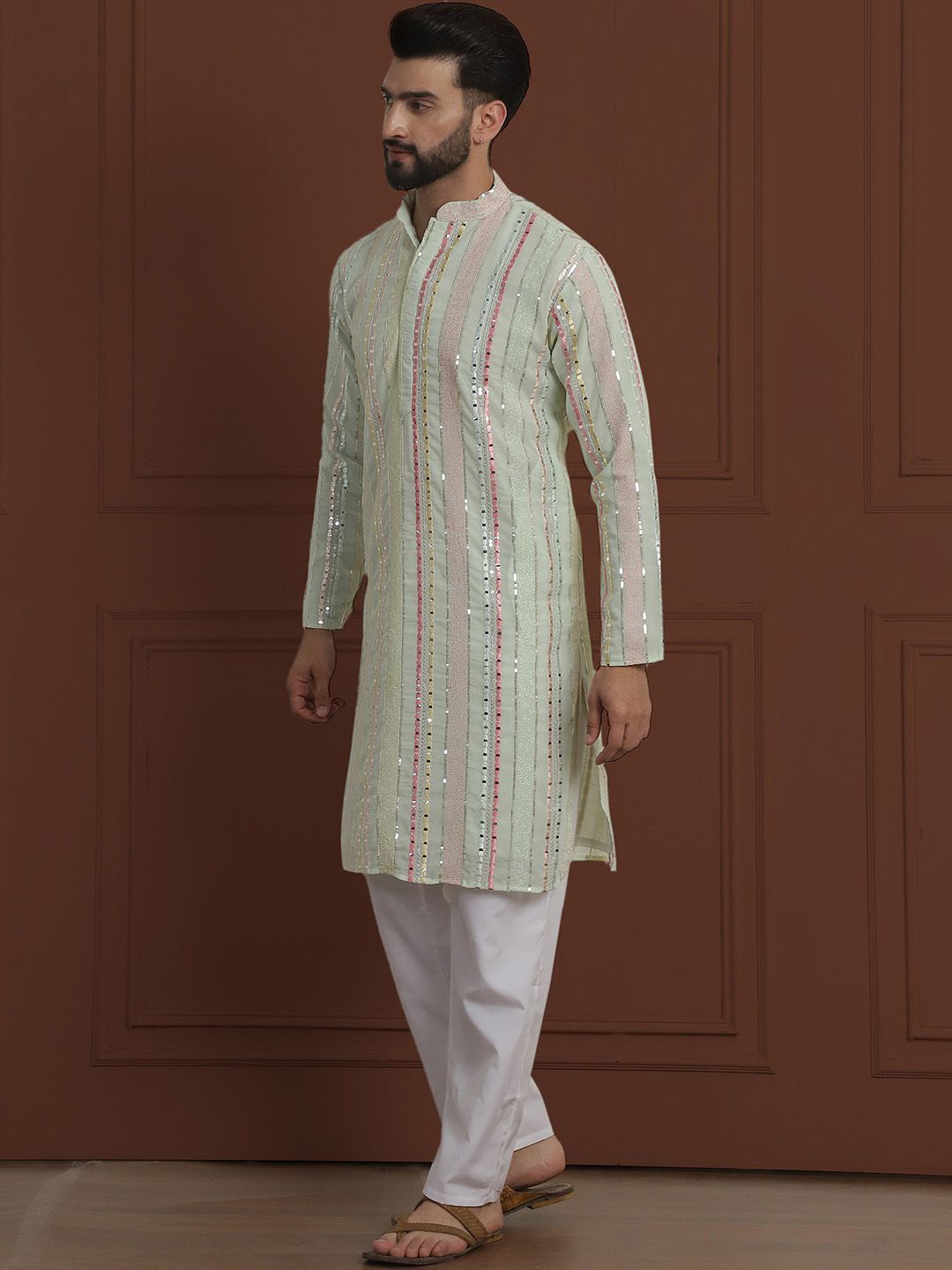 SOJANYA LUXE Striped Embroidered Mandarin Collar Straight Georgette Kurta & Pyjama