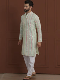 SOJANYA LUXE Striped Embroidered Mandarin Collar Straight Georgette Kurta & Pyjama