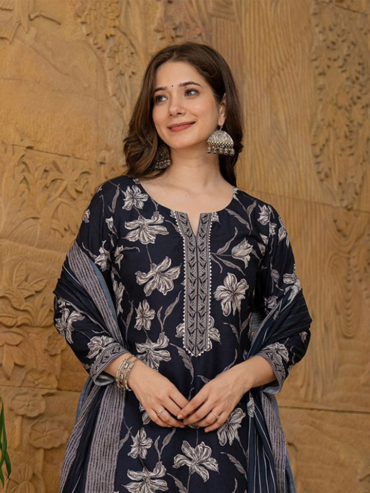 KALINI Floral Printed Gotta Patti Straight Kurta With Trouser & Dupatta