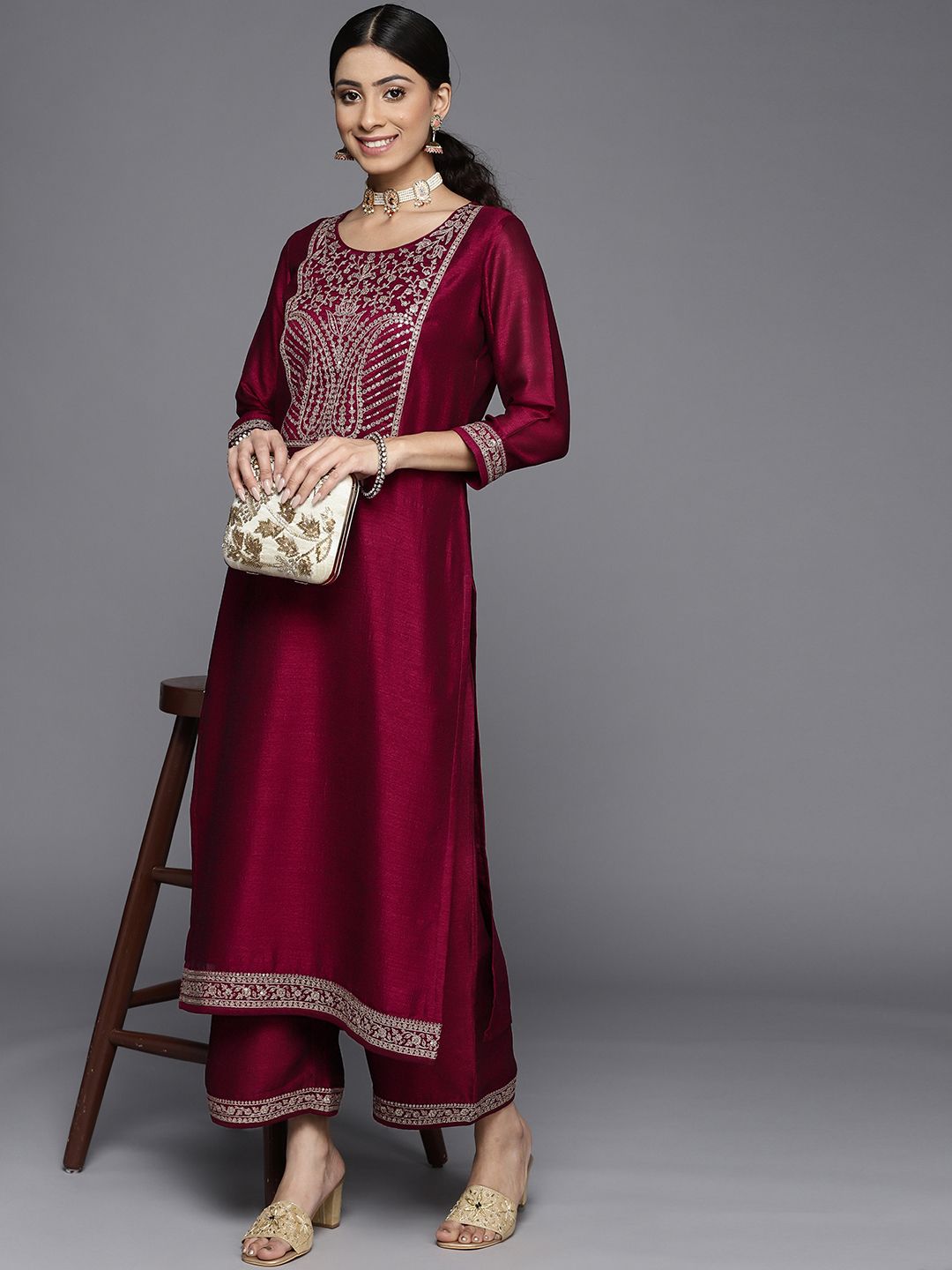 Libas Women Maroon Yoke Design Kurta