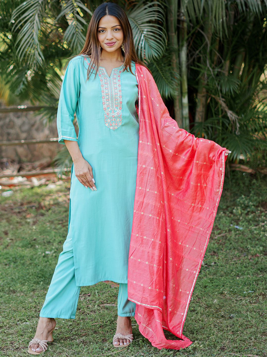 Gerua By Libas Floral Yoke Design Regular Sequinned Kurta with Trousers  Dupatta