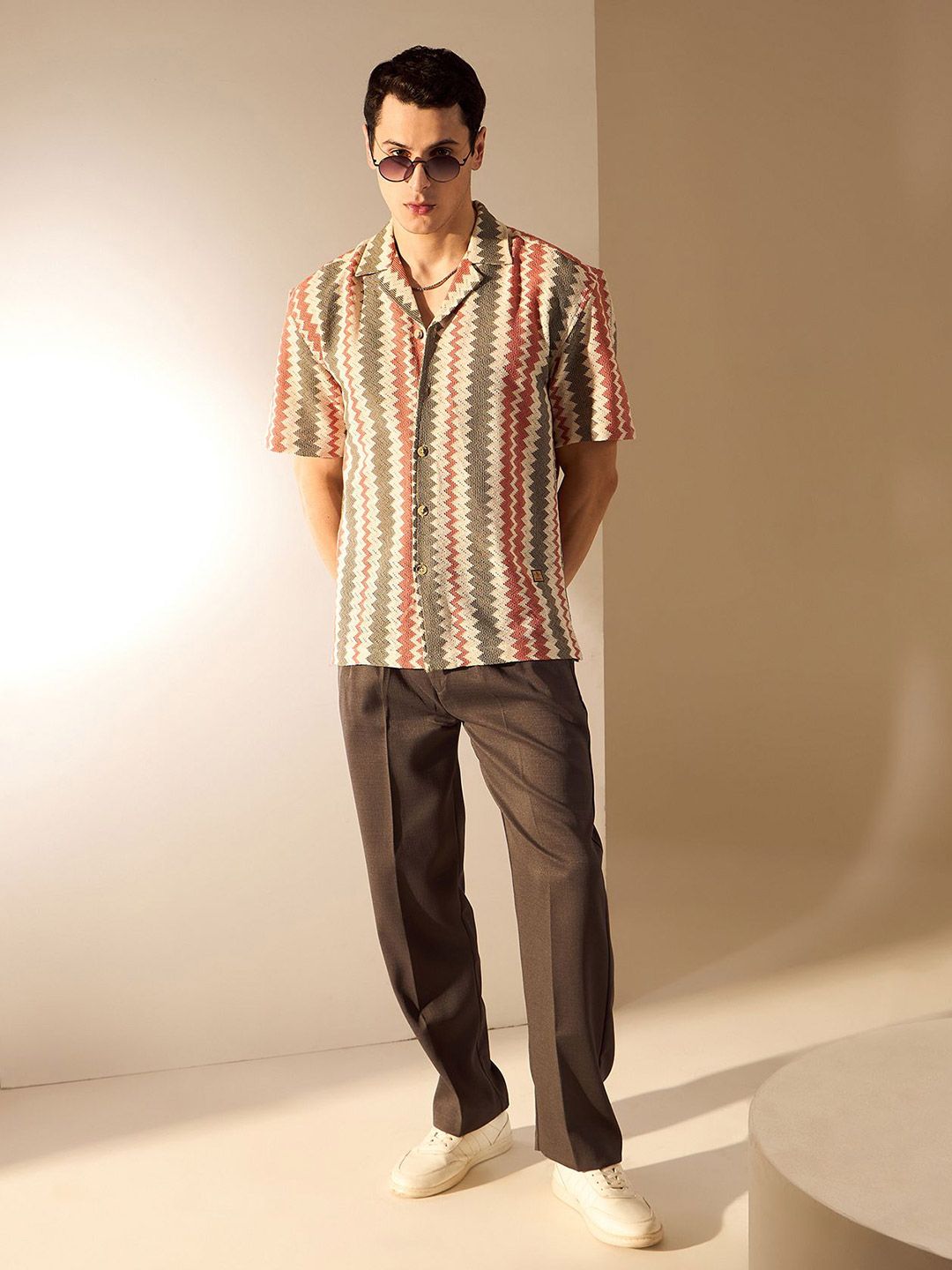 DENNISON Men Zigzag Pattern Drop-Shoulder Oversized Crochet Shirt