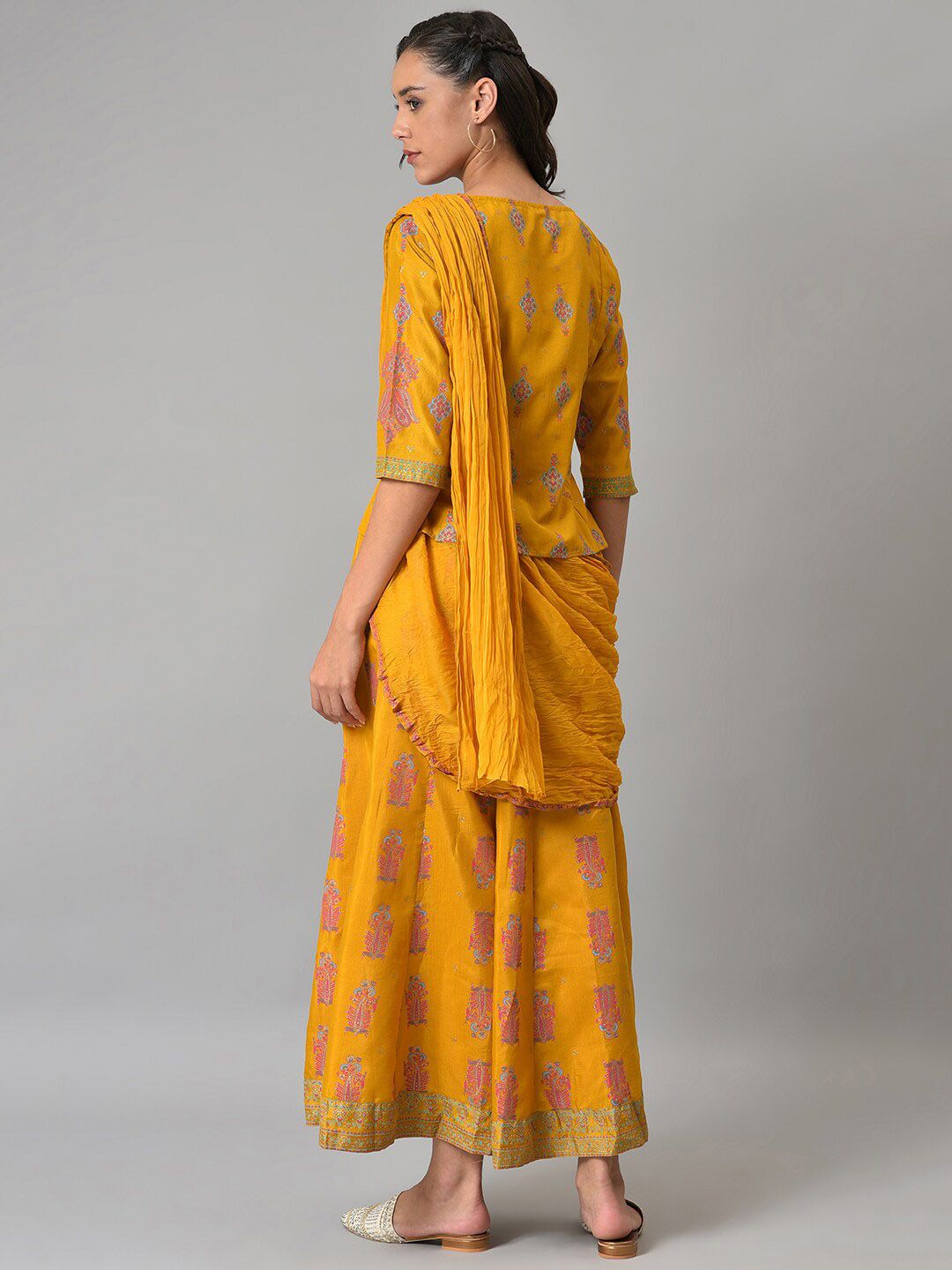 W Festive Printed Shantung Top & Culotte With Attached Drape Co-ords