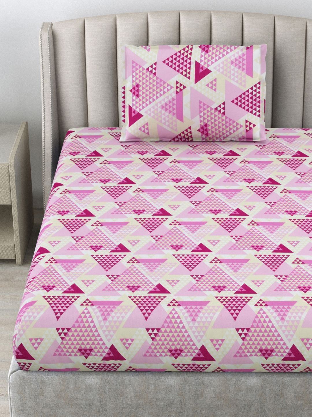BOMBAY DYEING Epigram Pink Geometric Pure Cotton 120TC Single Bedsheet Set 1.50 m X 2.74 m
