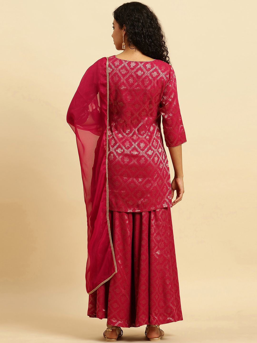 W Festive Striped Print Rayon Kurta With Flared Pant & Dupatta