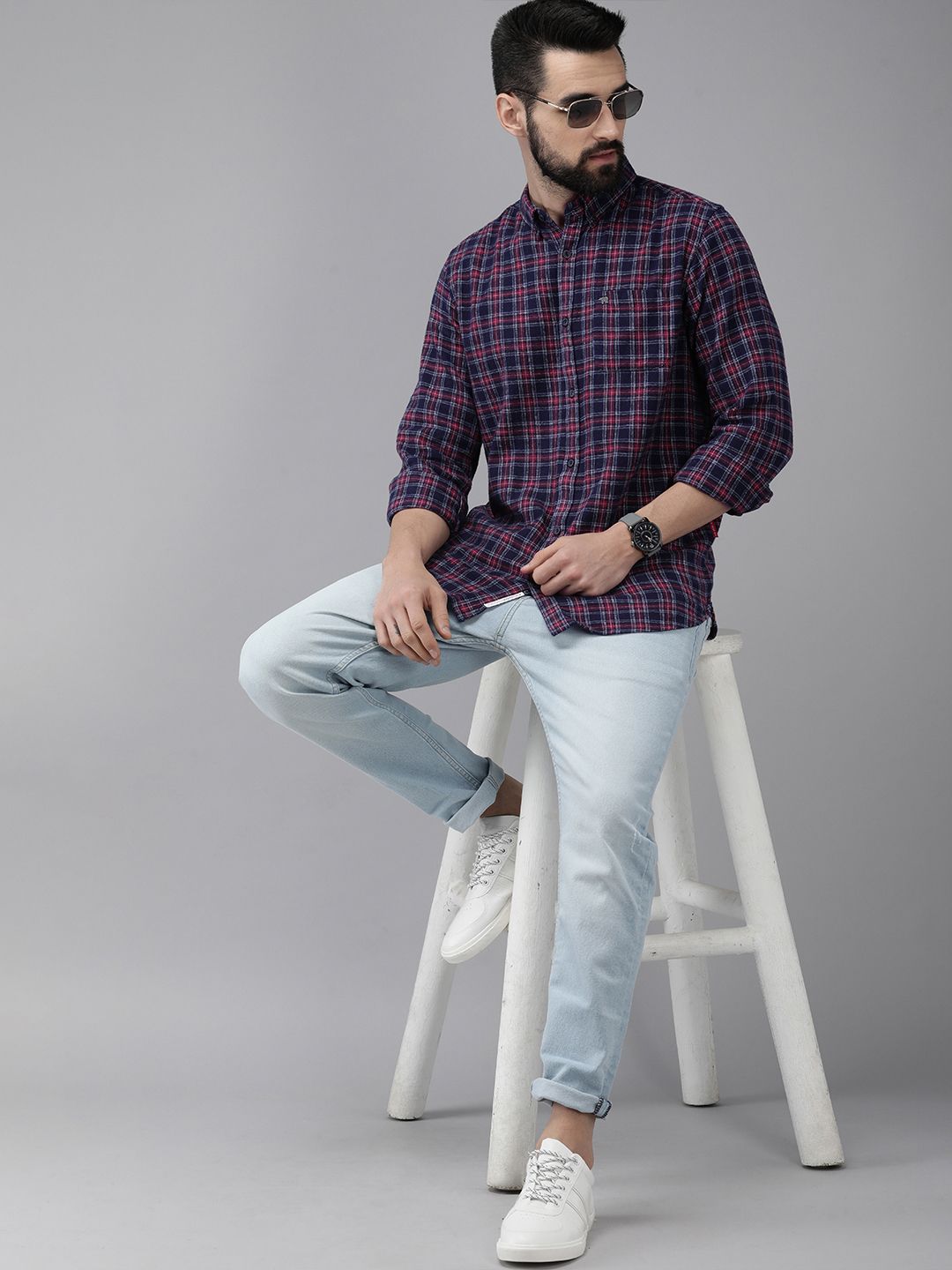 THE BEAR HOUSE Men Navy Blue & Maroon Slim Fit Checked Flannel Cotton Casual Shirt