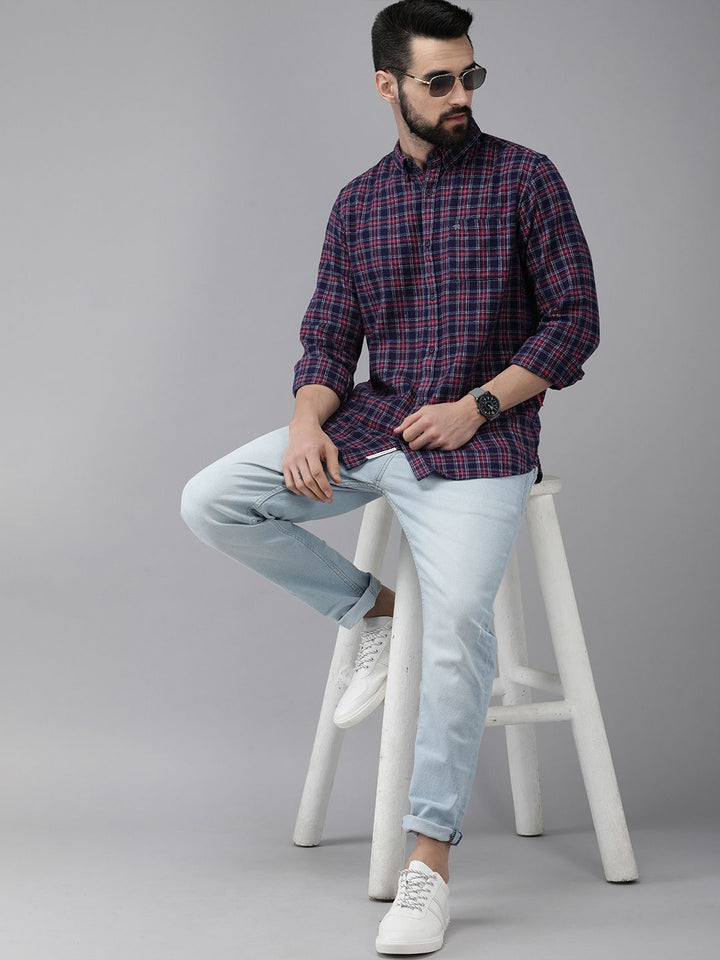 THE BEAR HOUSE Men Navy Blue & Maroon Slim Fit Checked Flannel Cotton Casual Shirt