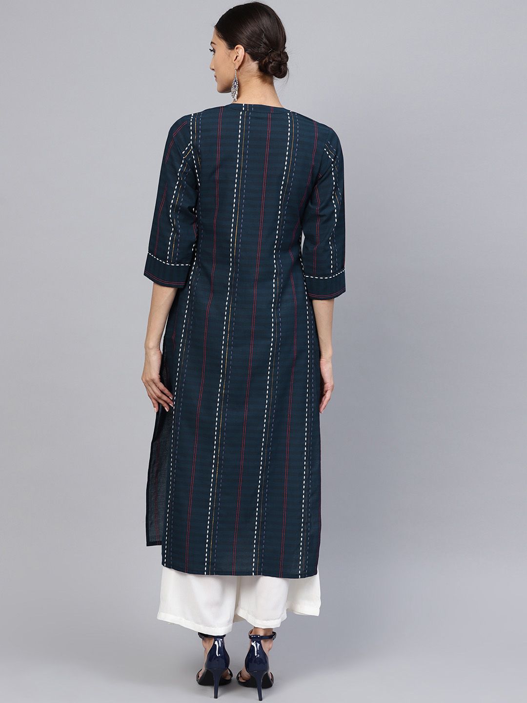 Libas Women Navy Blue Striped Straight Kurta