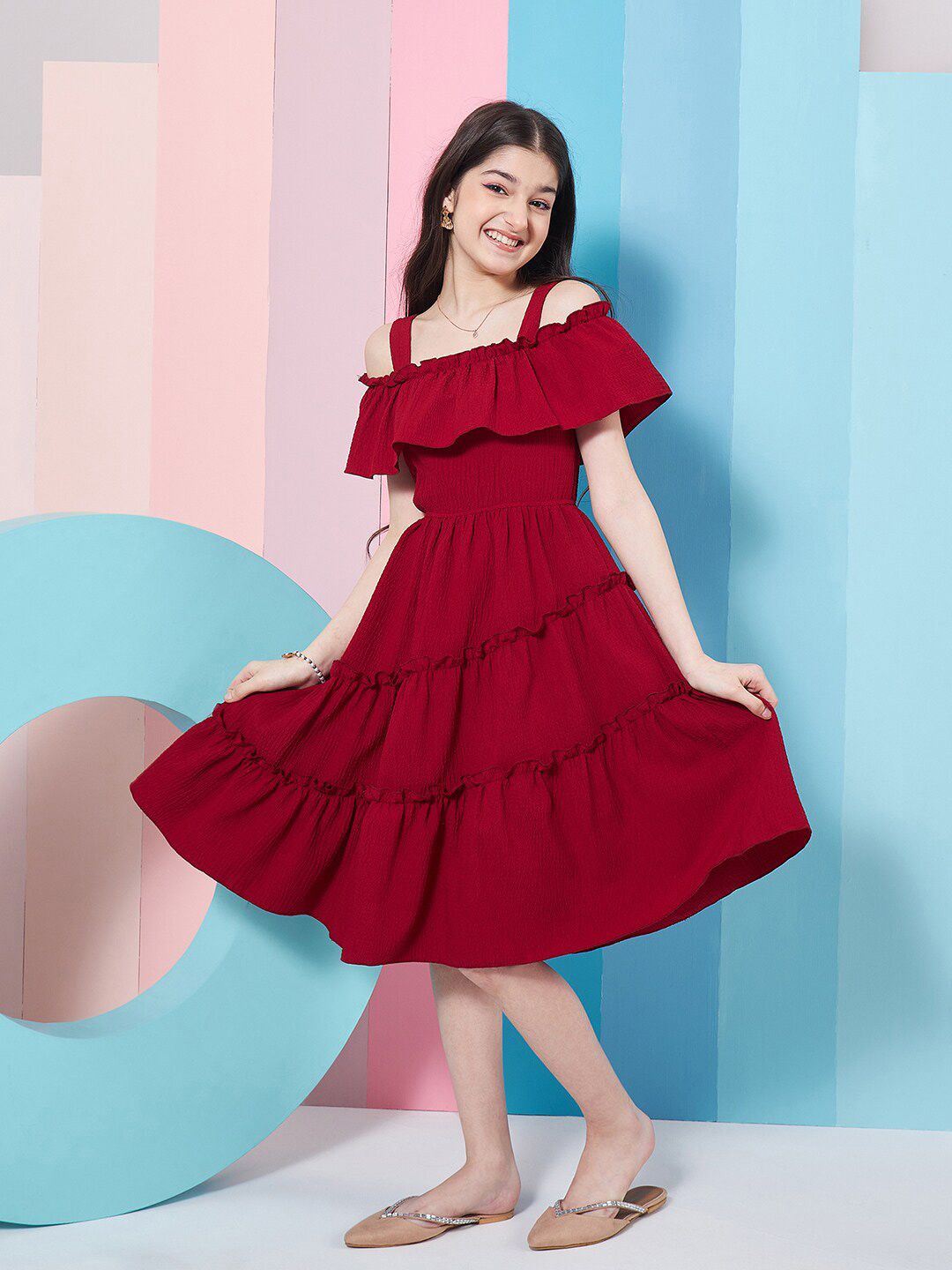 pspeaches Girls Shoulder Straps Cold-Shoulder Fit & Flare Dress