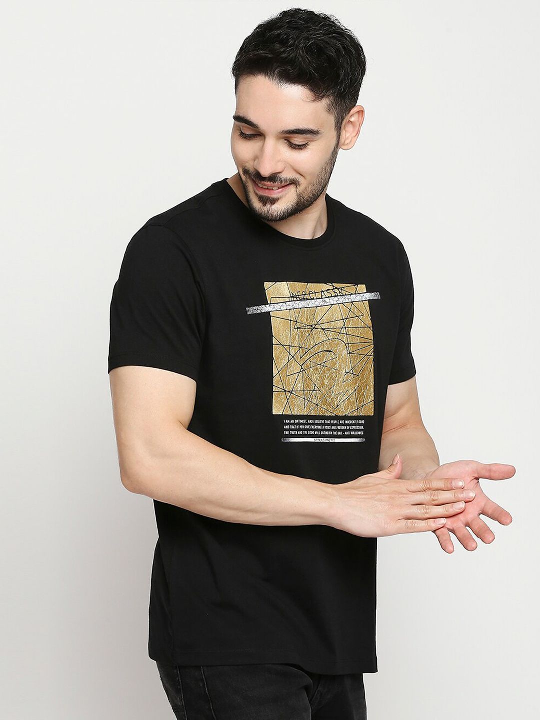 SPYKAR Men Black & Gold-Toned Printed Applique Slim Fit T-shirt