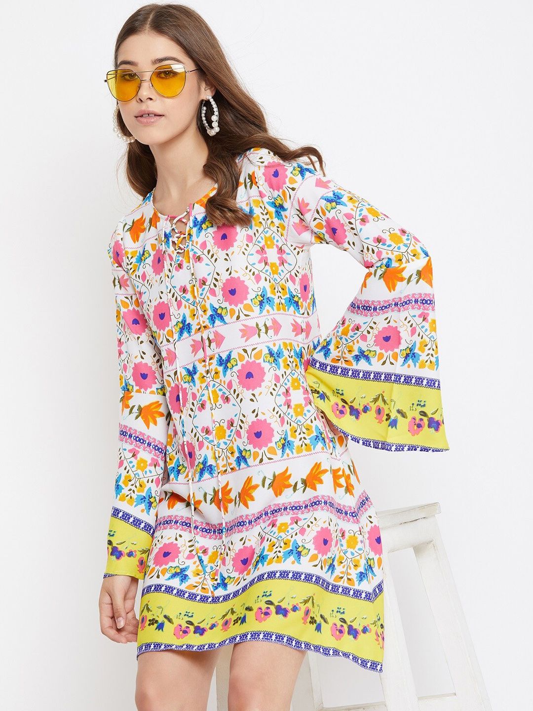 Berrylush Women White Floral Printed A-Line Dress