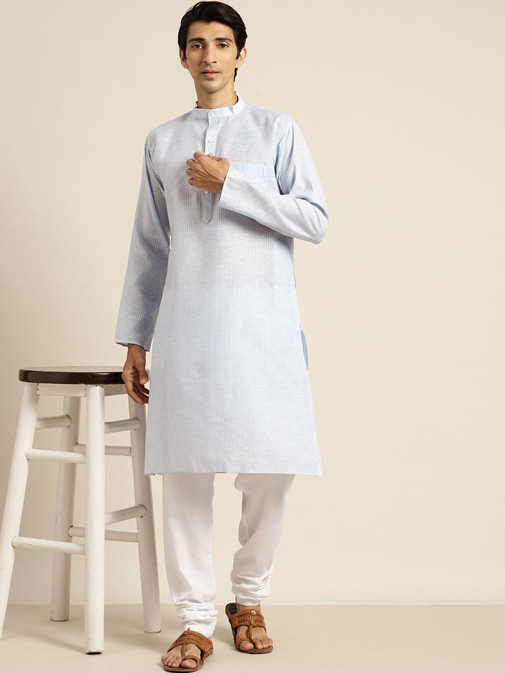 SOJANYA Lelaki Biru & Putih Pure Cotton Striped Kurta