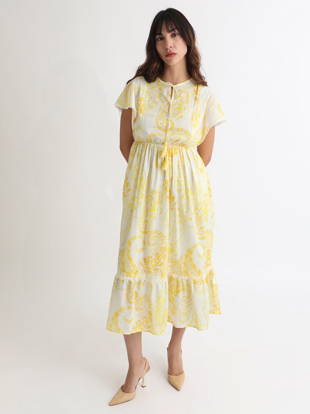RAREISM Floral Printed Tie-Ups Detail Extended Sleeve Cotton Fit & Flare Midi Dress