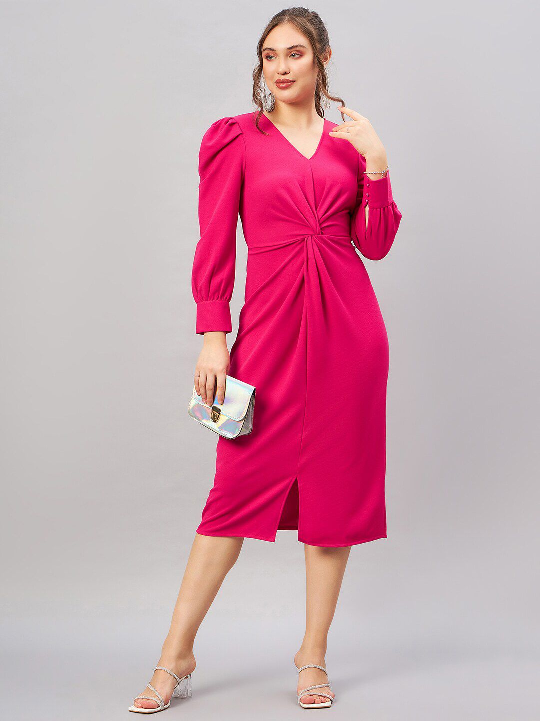 Antheaa Pink Shirt Collar Cuff Sleeves Pleated Sheath Midi Dress