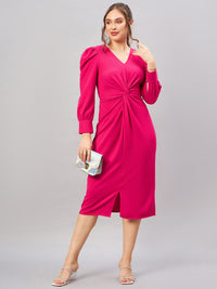 Antheaa Pink Shirt Collar Cuff Sleeves Pleated Sheath Midi Dress
