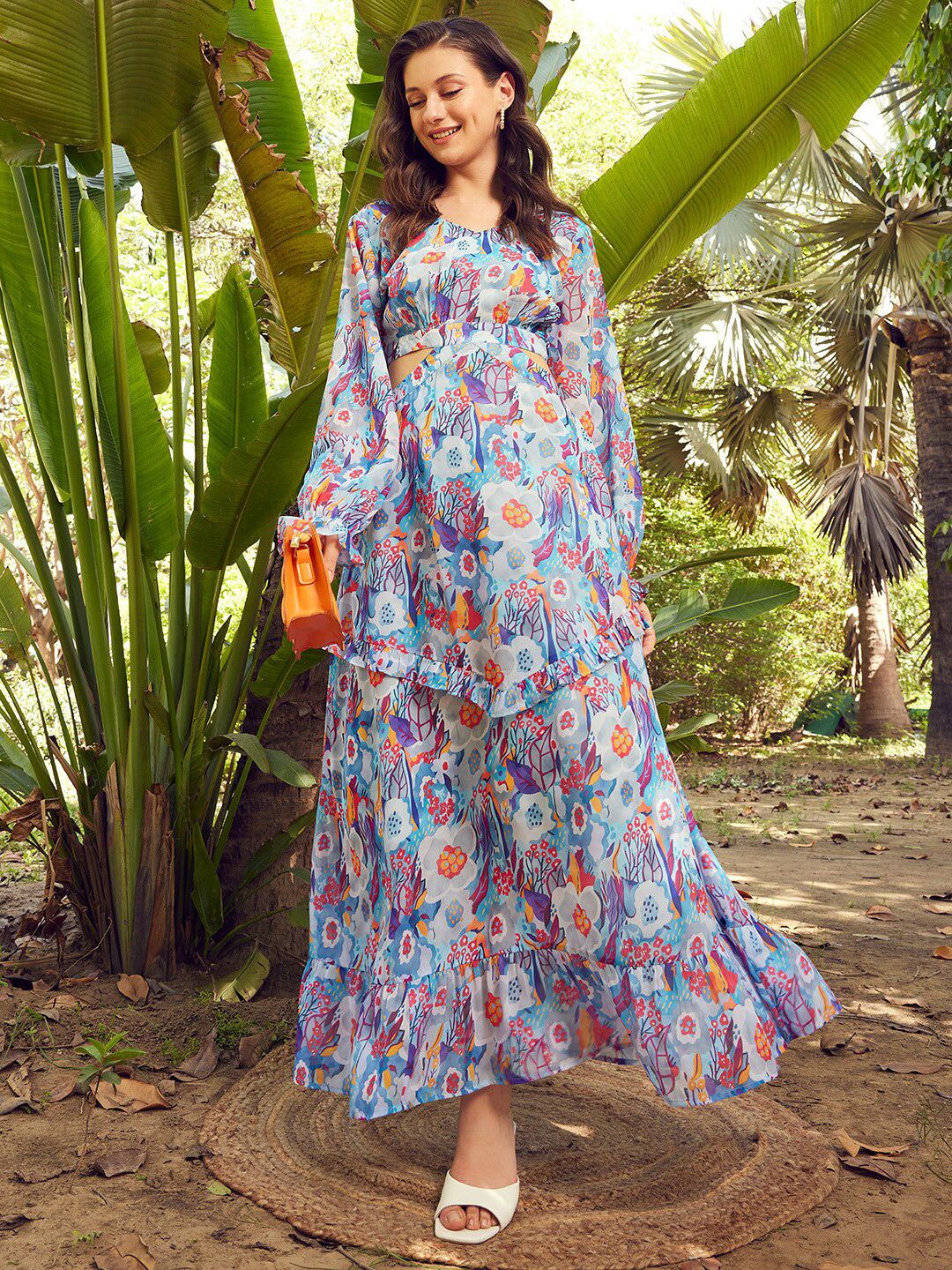STREET 9 Blue & Orange Floral Printed Maxi Dress
