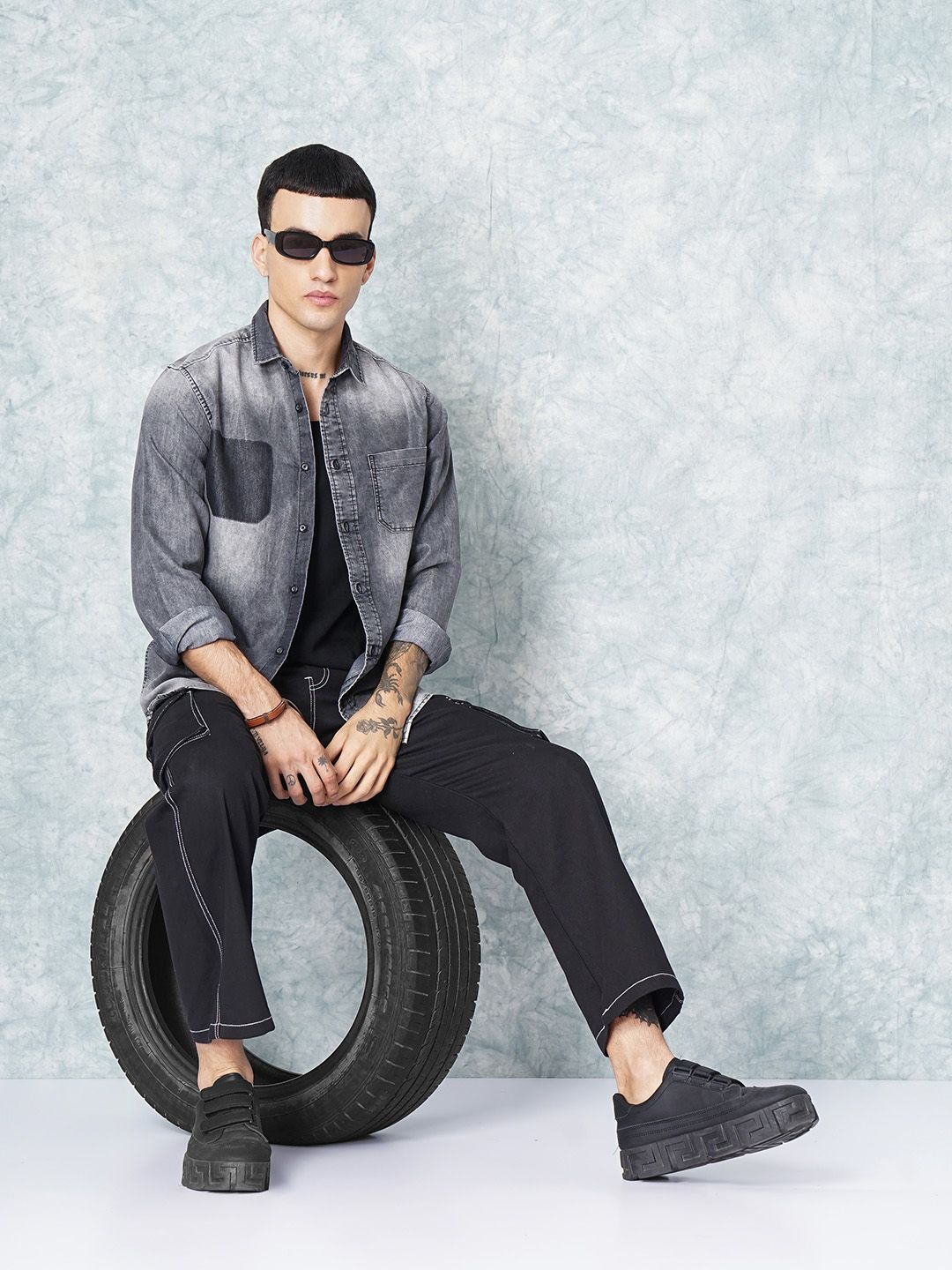The Indian Garage Co Men Charcoal Black Faded Casual Shirt