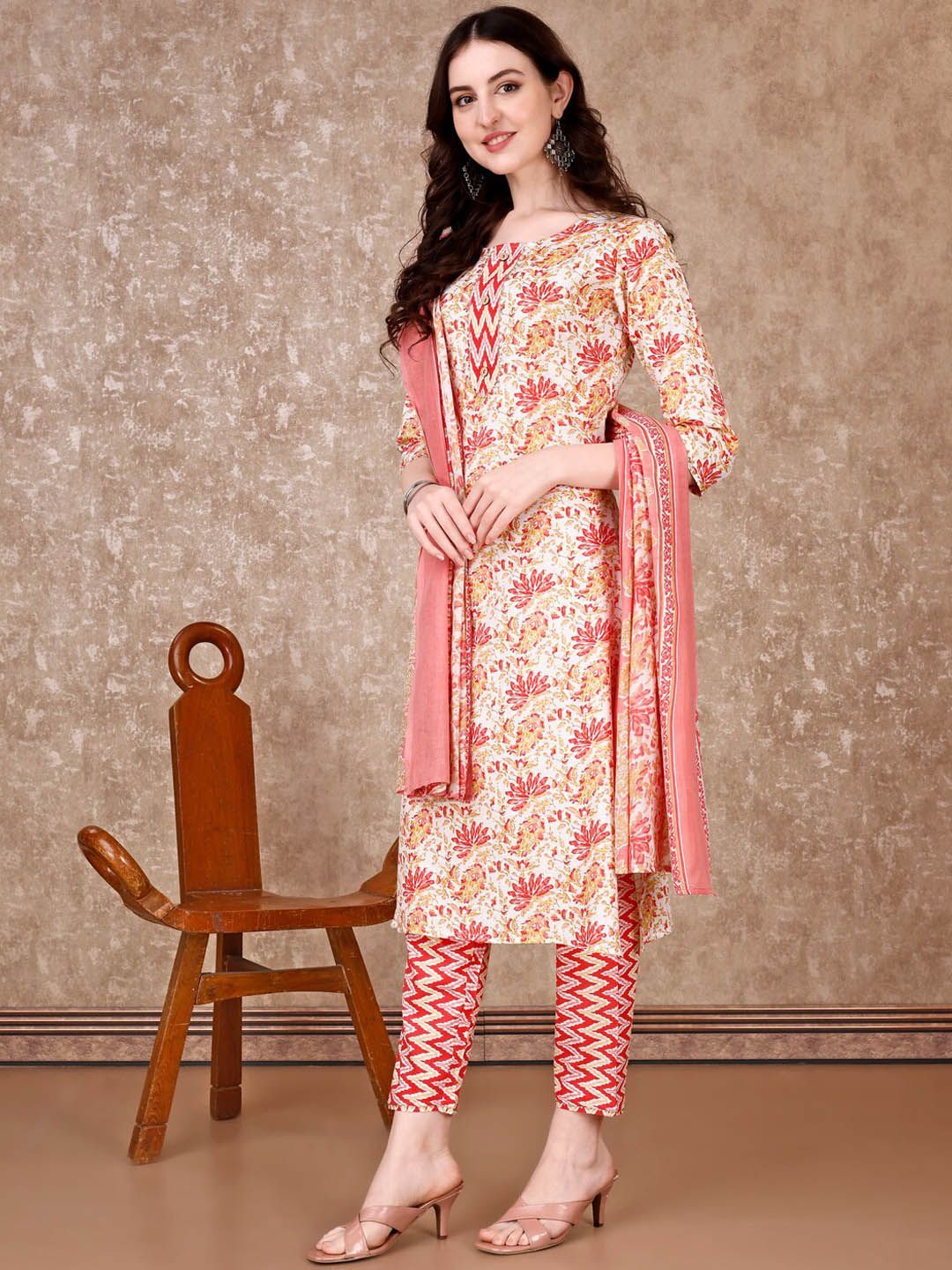 KALINI Floral Printed Regular Straight Kurta With Trousers & Dupatta