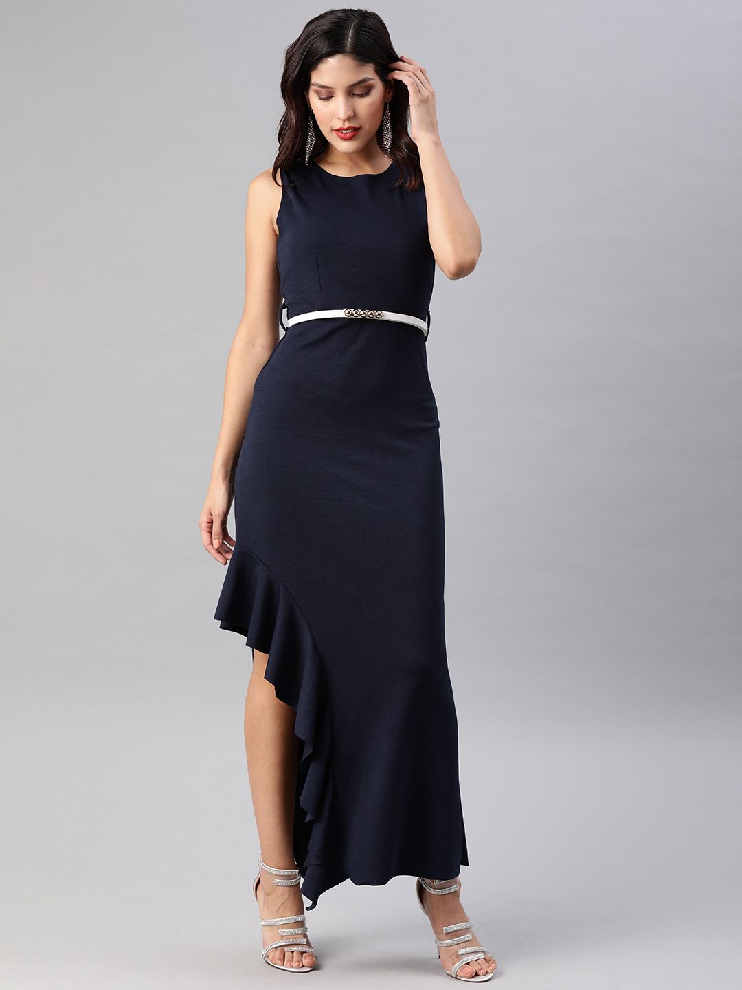 Athena Navy Blue Ruffled Sheath Maxi Dress