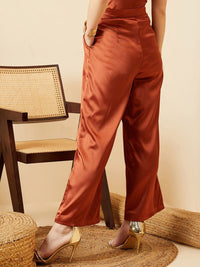 Berrylush Women Rust Relaxed Straight Leg High-Rise Parallel Trousers