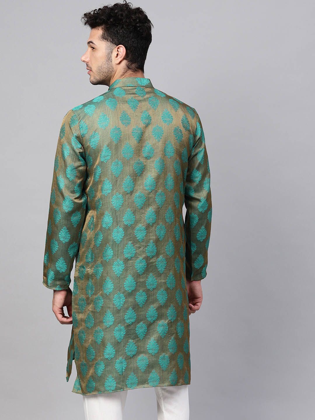 SOJANYA Men Bronze-Toned & Green Woven Design Jacquard Silk Straight Kurta