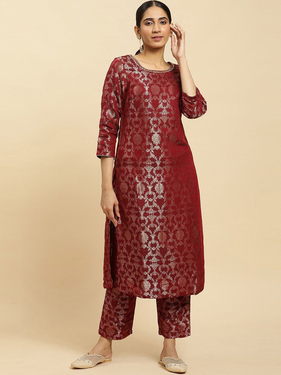 W Festive Floral Print Rayon Kurta With Straight Pant