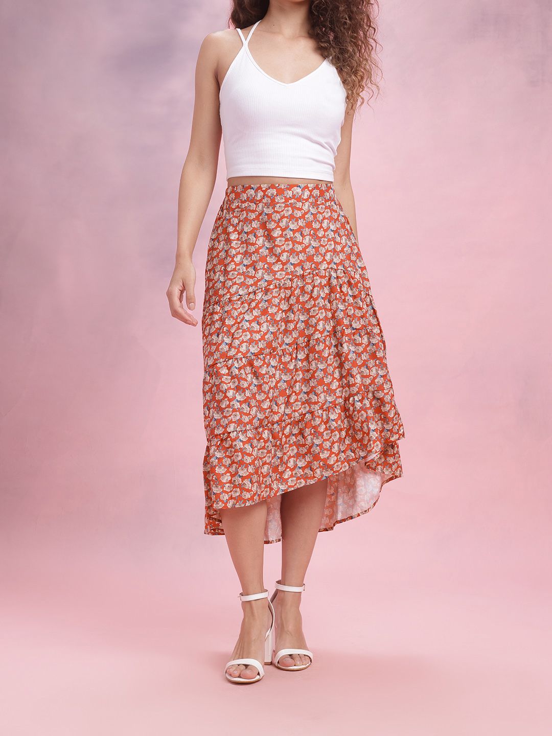 DressBerry Floral Print Tiered Flared Midi Skirt