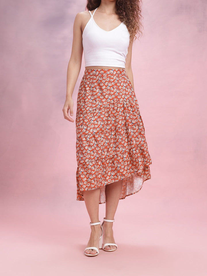 DressBerry Floral Print Tiered Flared Midi Skirt