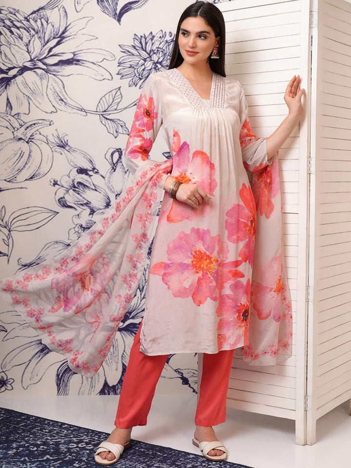 Vishudh Floral Printed Pleated Beads and Stones Kurta with Trouser & Dupatta