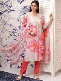 Vishudh Floral Printed Pleated Beads and Stones Kurta with Trouser & Dupatta