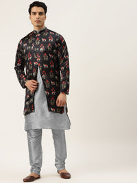 SOJANYA Men Grey Solid Kurta with Churidar & Jacket