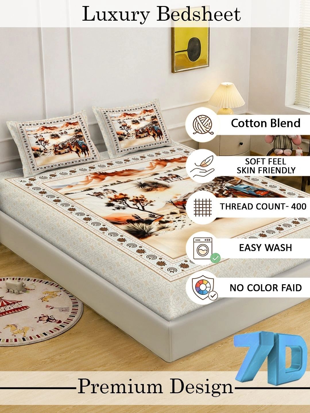 Moda Rapido X KLOTTHE Cream-Coloured & Brown Conversational 400 TC Bedsheet with 2 Pillow Covers