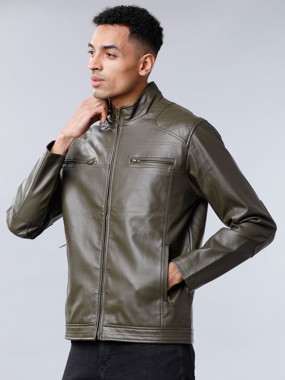 HIGHLANDER Men Olive Green Solid Biker Jacket