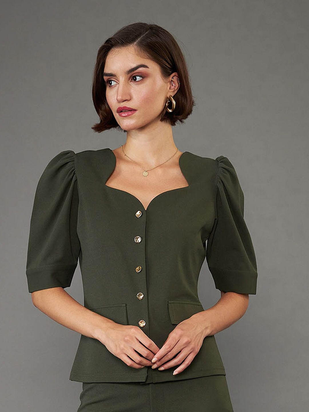 SASSAFRAS worklyf Sweetheart Neck Puff Sleeves Shirt Style Top