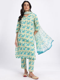 Anouk Floral Printed Pure Cotton Straight Kurta with Trousers & Dupatta