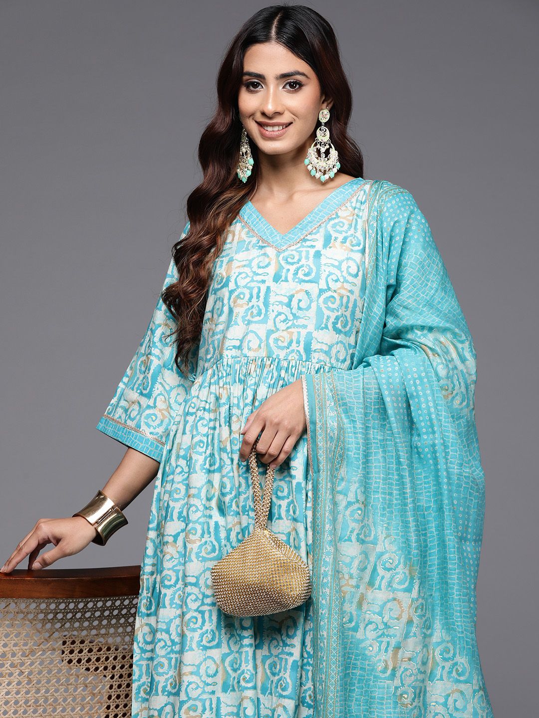 Libas Women Printed Pleated Gotta Patti Kurta with Palazzos & With Dupatta