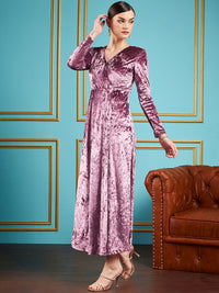 SASSAFRAS Pink V-Neck Velvet A-Line Midi Dress